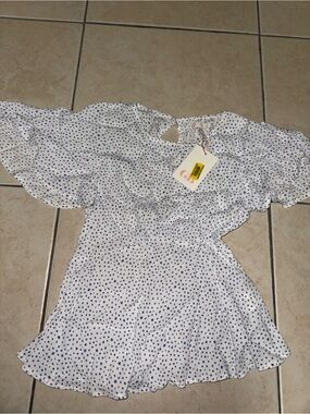 White & Navy Polka Dot blouse